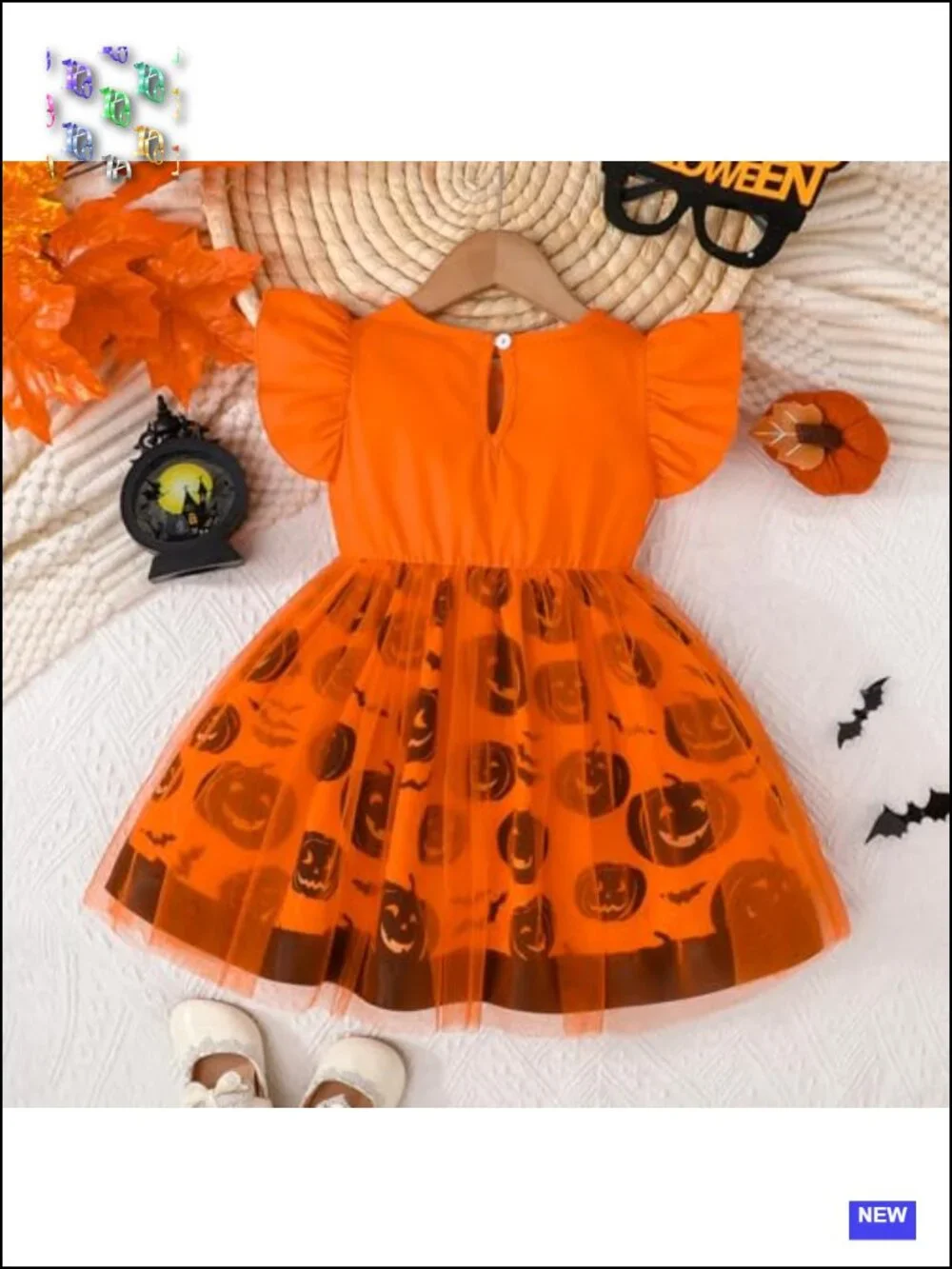 Toddler Girls Halloween Tutu Dress Pumpkin Ruffle Sleeve A-Line Costume
